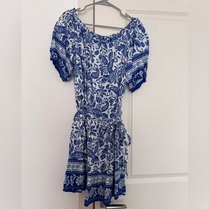 LOFT Blue and White Floral Off-Shoulder Midi Dress